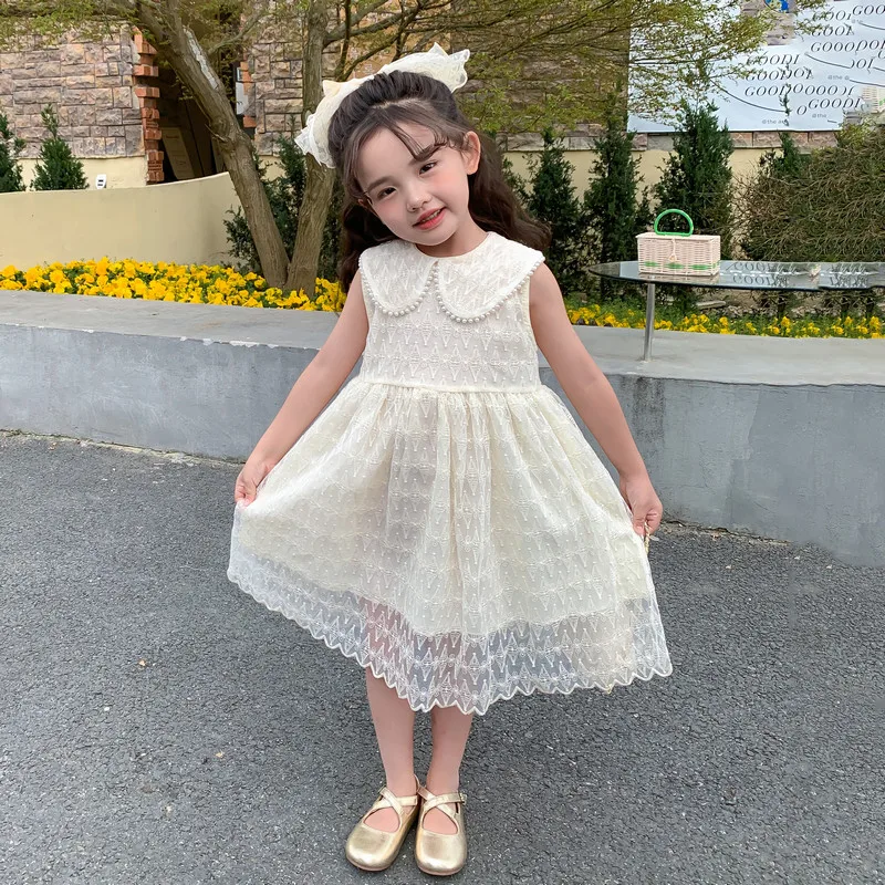 

Летнее платье для маленьких девочек, платье принцессы на день рождения, детская одежда, кружевное пляжное платье без рукавов с жемчугом, детская одежда