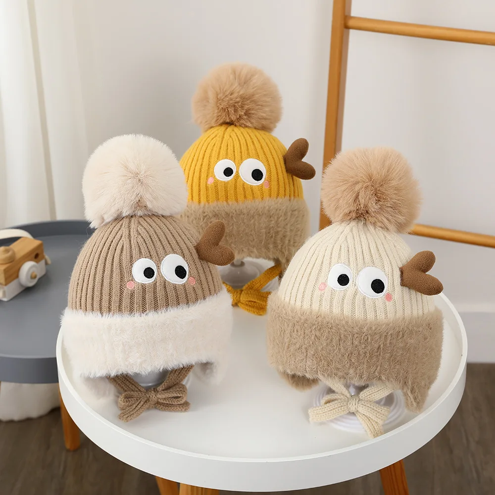 Children Big Eyes Cartoon Hat Winter Kids Girls Boy Cute Fur Ball Soft Knitted Beanies Warm Thicken Ear Protection Cap Baby