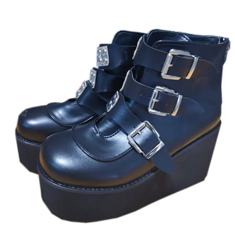 Mona Flying Women's Genuine Leather Mid Calf Boots - Ruched Design, Side Zippers, Buckle Strap, Round Toe, Black-Purple, Size 8.5