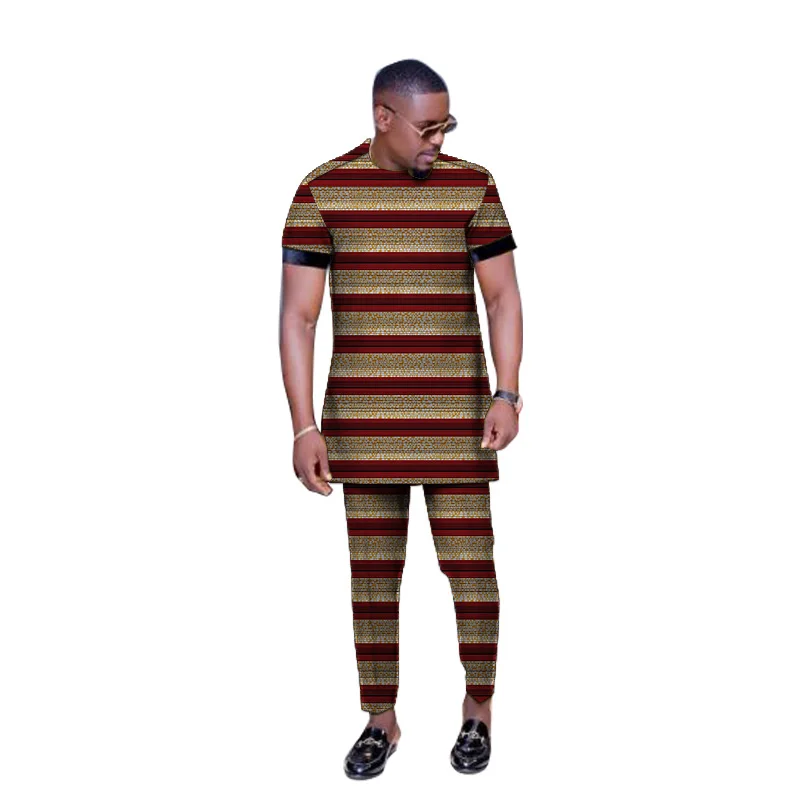 Dashiki Print Patchwork Short Sleeves Men's Sets Tops+Pants Tailored Made African Suit Male Party Costume