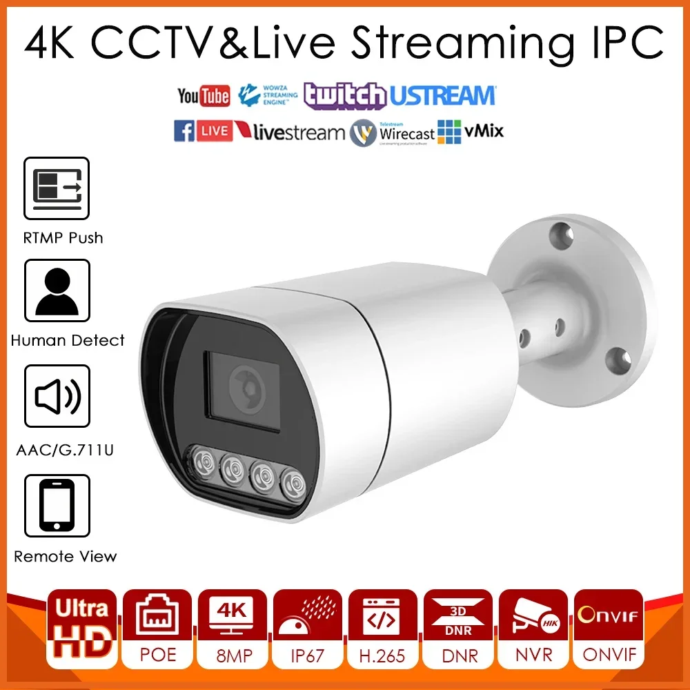 4K 8MP POE IP Camera IMX415 Live Streaming Push Video To Youtube/Wowza/Facebook/Twitter via RTMP Broadcasting Onvif Built-in MIC