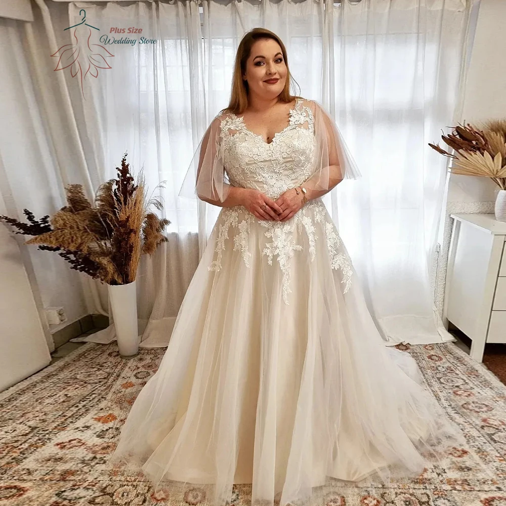 Elegant A-Line Wedding Dresses Plus Size V Neck Flare Sleeves Bride Gowns Appliques Floor Length Tulle Vestidos De Novia 2023 6