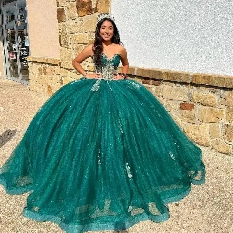 

Sweetheart Quinceanera Dress Lace Glitter Tulle Sweep Train Mexica Vestidos De Años Sweet 16 Princess Pageant Dress