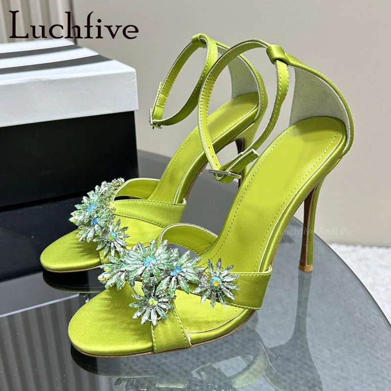 

Summer New Satin High Heel Shoes Luxury Diamond Peep Toe Thin High Heel Strap Buckle Pumps Brand Ladies Party Sandals