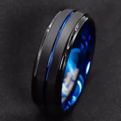 Sleek Black & Blue Stainless Steel Ring with Rainbow Groove - 8 (Blue)