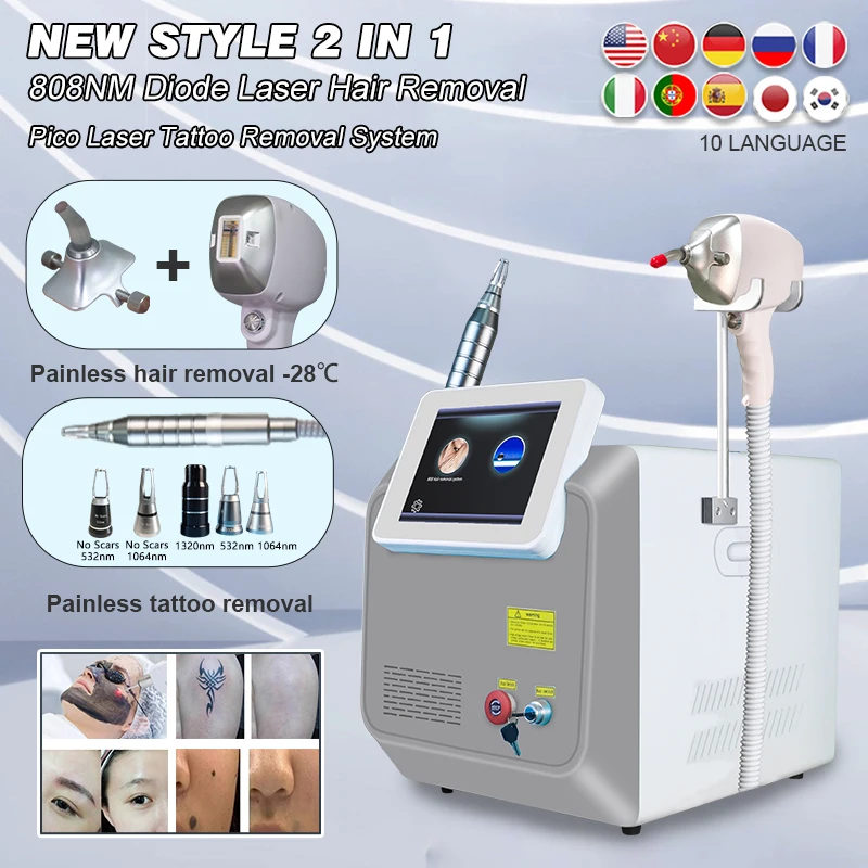 

Portable 2 in1 Pico Tattoo Removal Laser Diode Laser 755 808 1064nm Painless Laser Epilator Professional Hair Remova Machine