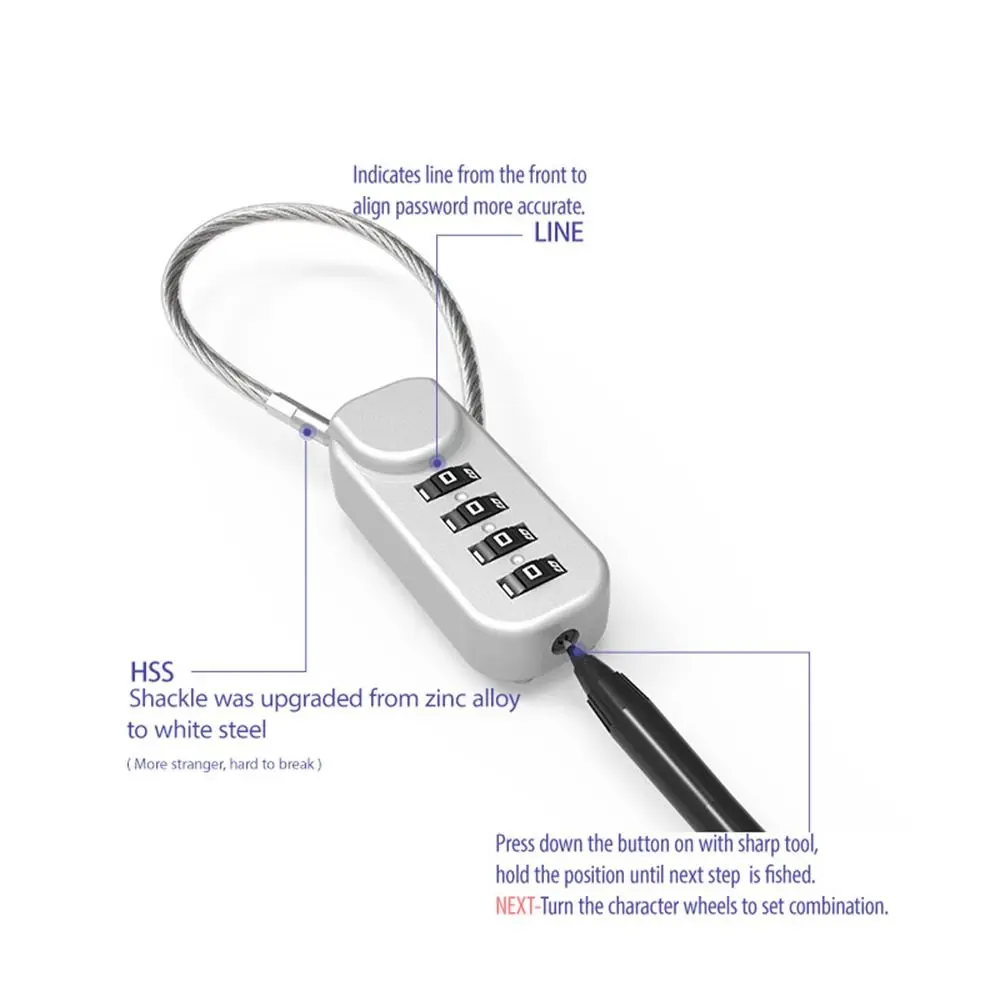 Description Picture 6 of itemPortable Zinc alloy 4 Digit Password Lock Wire Rope Padlock Backpack Zipper Lock Anti-theft Dormitory Cabinet Lock Home