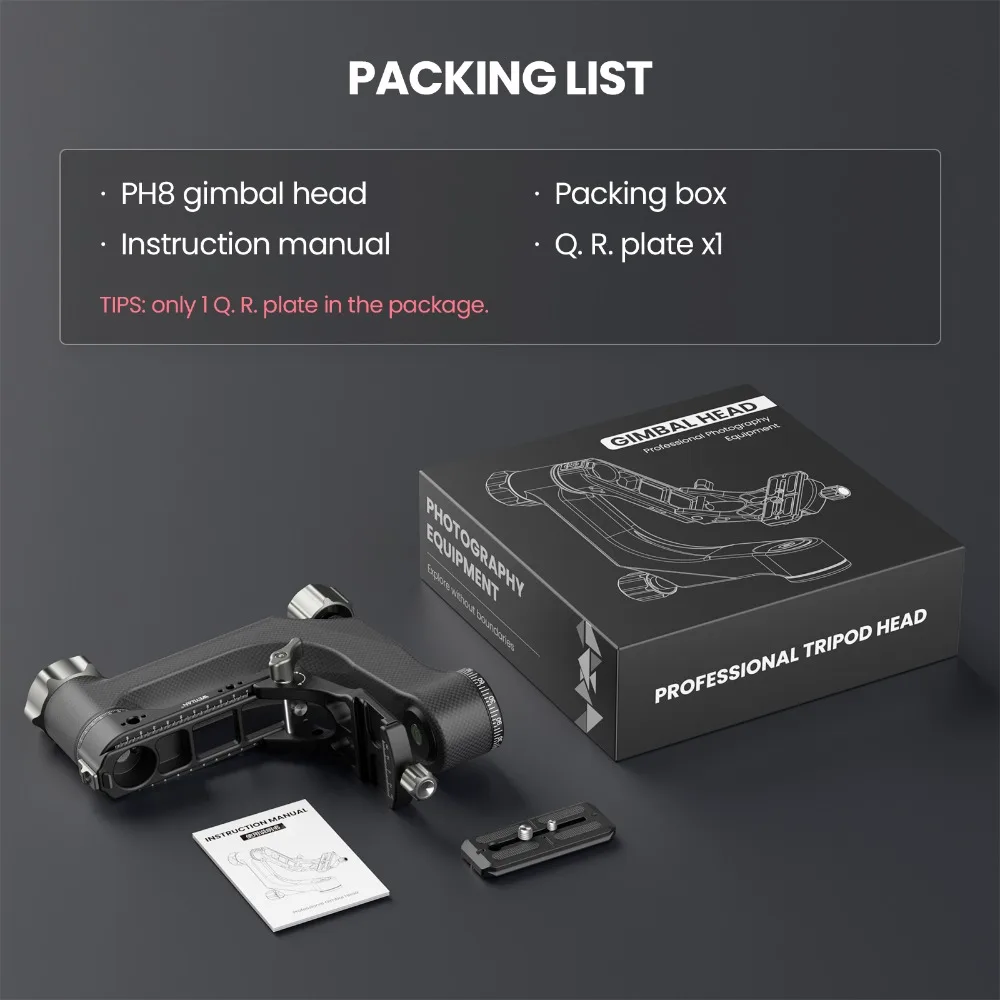 PH8 Professional Gimbal Tripod Head Carbon Fiber Heavy Duty Arca Swiss Q.R Plate