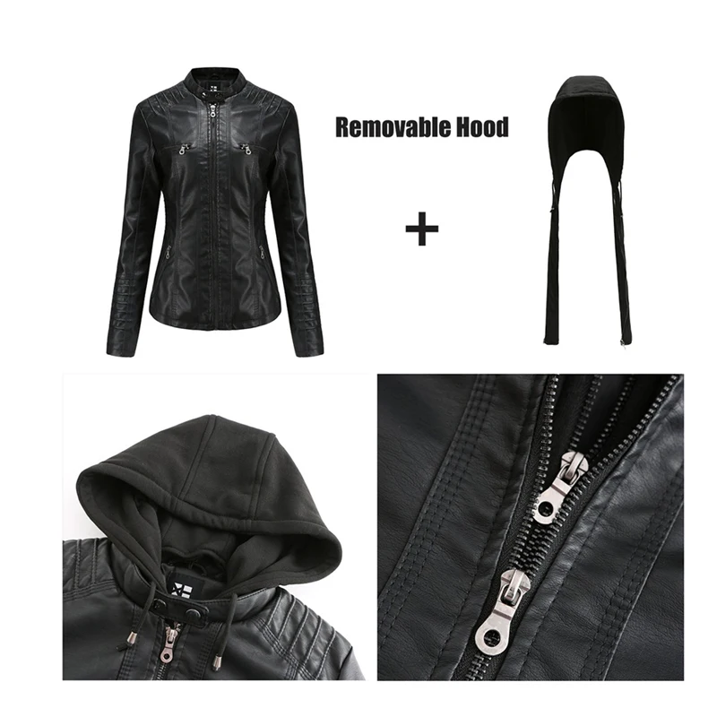 Spring Women Hooded Casual Leather Clothing Outdoor Windproof PU Leather Top Fashion Slim Motorcycle Wear Women\'s Clothing
