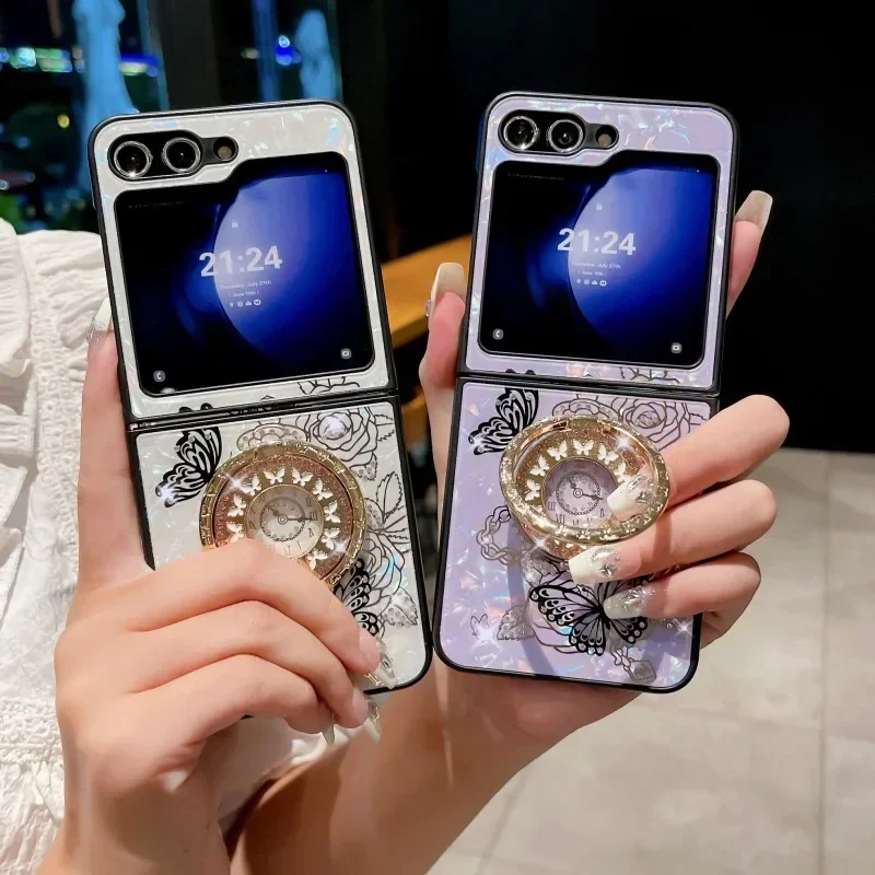 Luxus-Design Schmetterling Glitzer Metallring Hülle für Samsung Galaxy Z Flip 6 5 4 3 Flip6 Flip5 4 3 5G Frau Ring Stand Back Cover_voghion.com