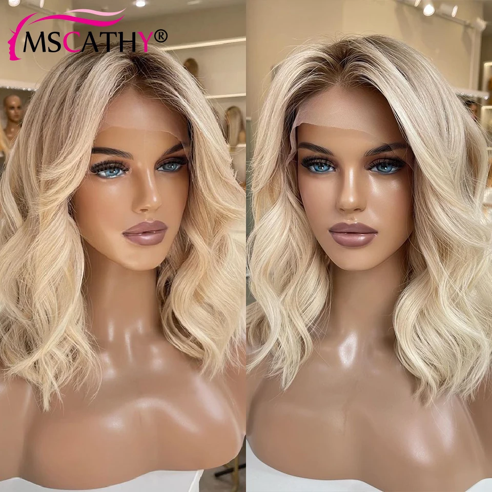 Ash Blonde Ombre Human Hair Wigs For Women Body Wave HD Transparent Lace Frontal Wig Brazilian Remy Hair Short Bob Wig Pre Pluck - Image 5