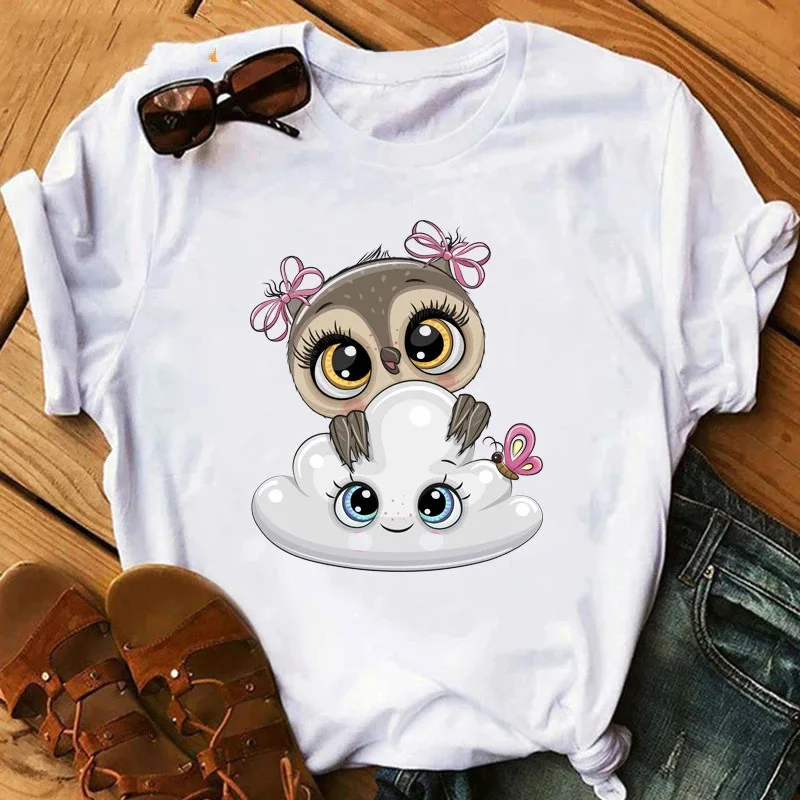 トップス OWL Cartoon Owl T-shirts for Women Lovely Birds Print Tshirts