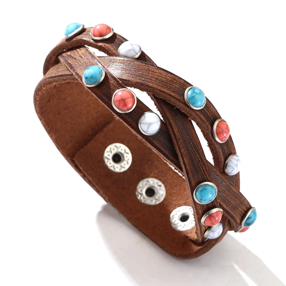

Kirykle Cowhide Bracelet for Women Hand-woven Leather Bracelet Red White Turquoise Mosaic Bracelet Jewelry for Mother Gift