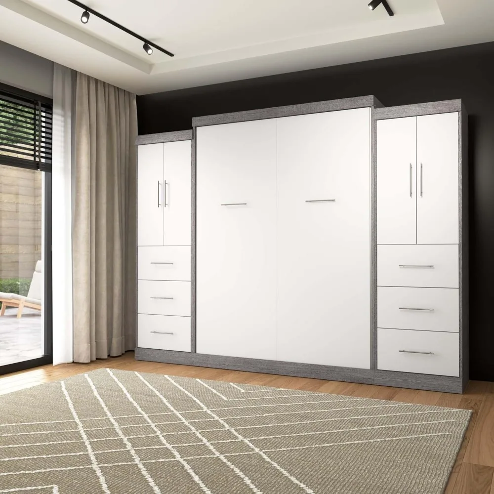 Nebula Queen Murphy Bed with 2 Wardrobes (115W) in Bark Gray, Sleeping Arrangement and Closet Organizers for Multipurpose 3