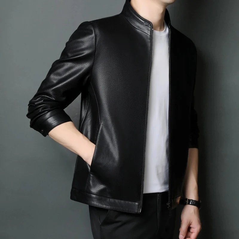

ZDT-8005 Spring And Autumn New Leather Jacket Men's Thin Section Business Casual Travel Collar Coat