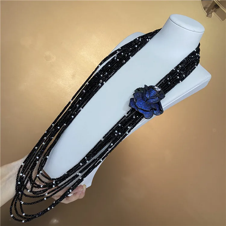 10strands black stone white freshwater pearl necklace micro inlay zircon blue flowers accessorie 80-90cm fashion jewelry