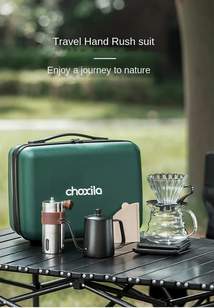 Outdoor Coffee Kit: stainless steel hand grinder, glassware and accessories, outdoor gear, best holiday gift