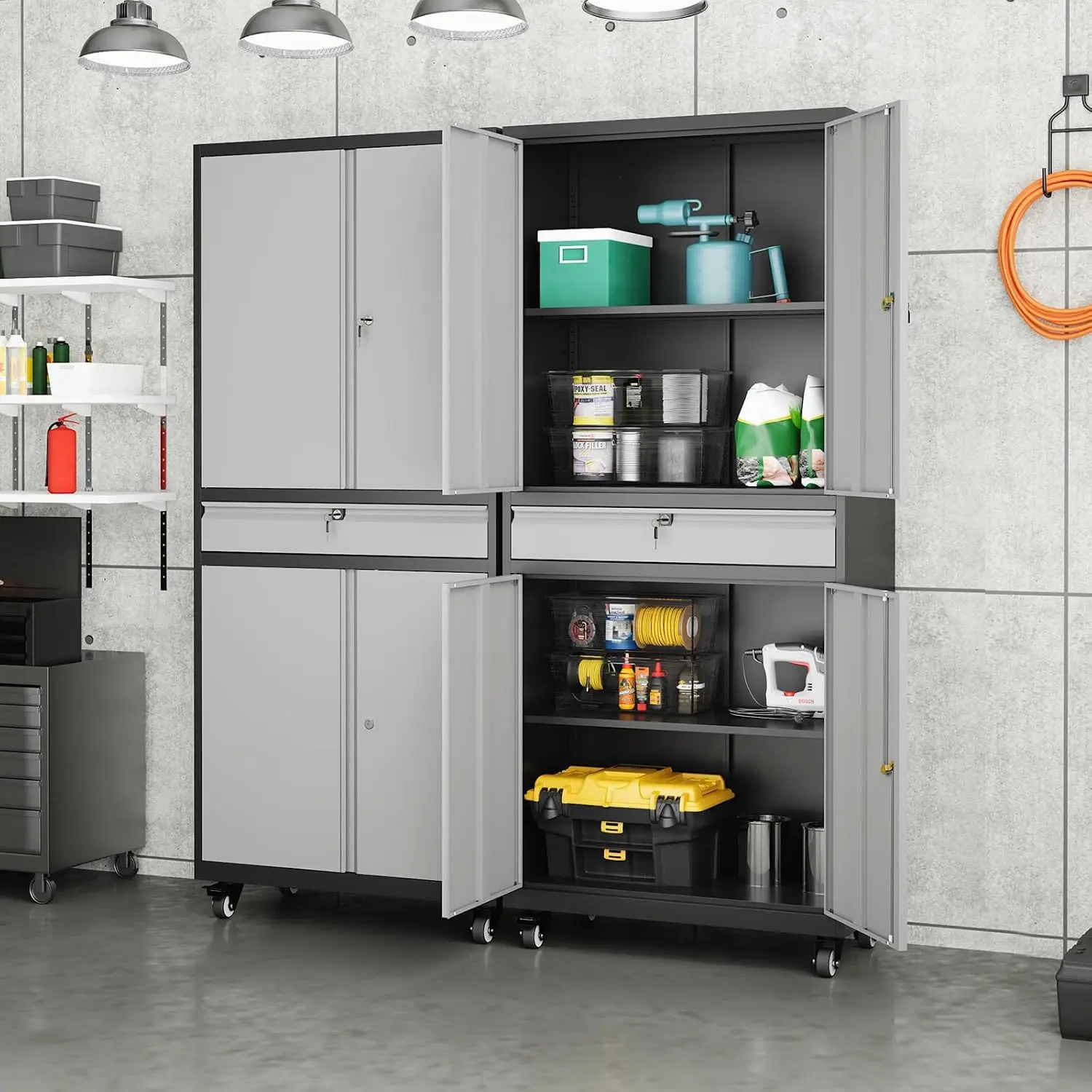 Metal Garage Storage Cabinet with Locking Doors and Adjustable Shelves Rolling Tool Storage Cabinet with 4 Wheels and 1 Drawer