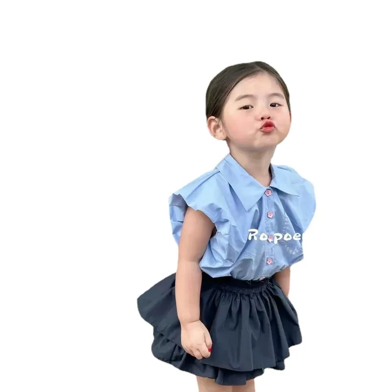 2024 여름 여아 정장, 싱글 브레스트 봉오리 소매 상의 및 스커트, 아동복 정장, 부티크 의류, 심플한 스타일, 신제품
