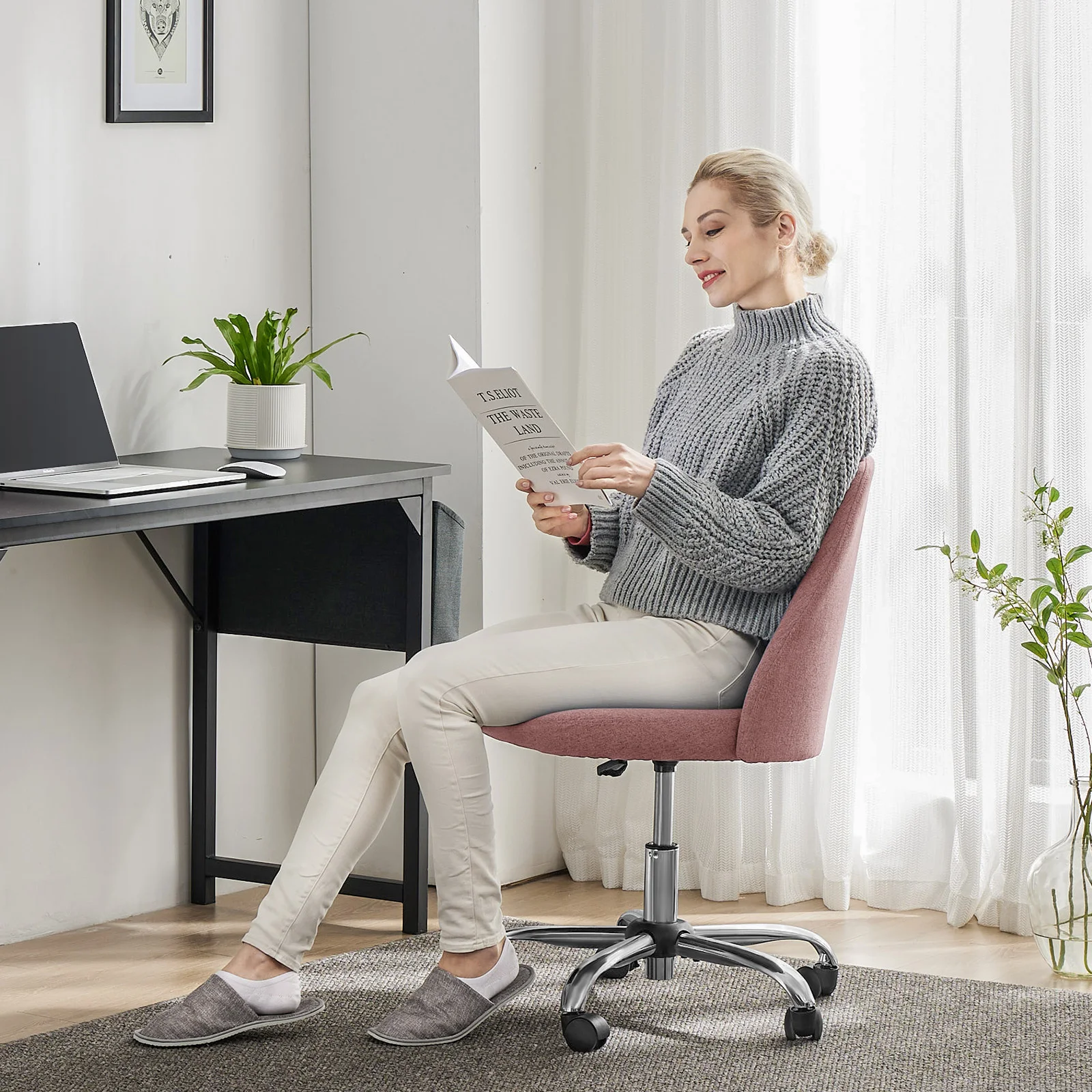 JHK Armless Small Desk Office Chair Cute Vanity Swivel Chair with Back Modern Fabric with Wheels Swivel Task Home Gaming Chair 3