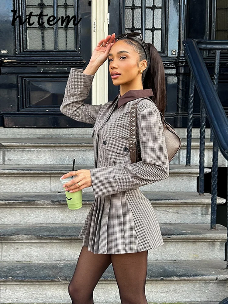 Street Plaid Jacket Mini Skirt Set Women Lapel Buttons Crop Jacket