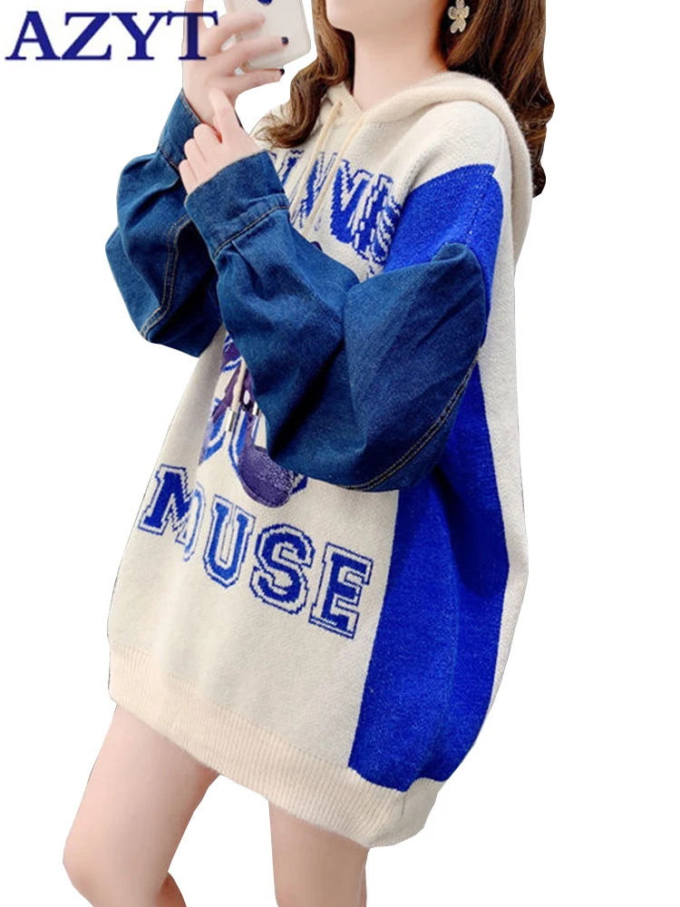 

Джинсовый женский свитер с длинным рукавом, пуловеры, зимний свободный свитер с капюшоном, джемперы, женская трикотажная одежда, топы