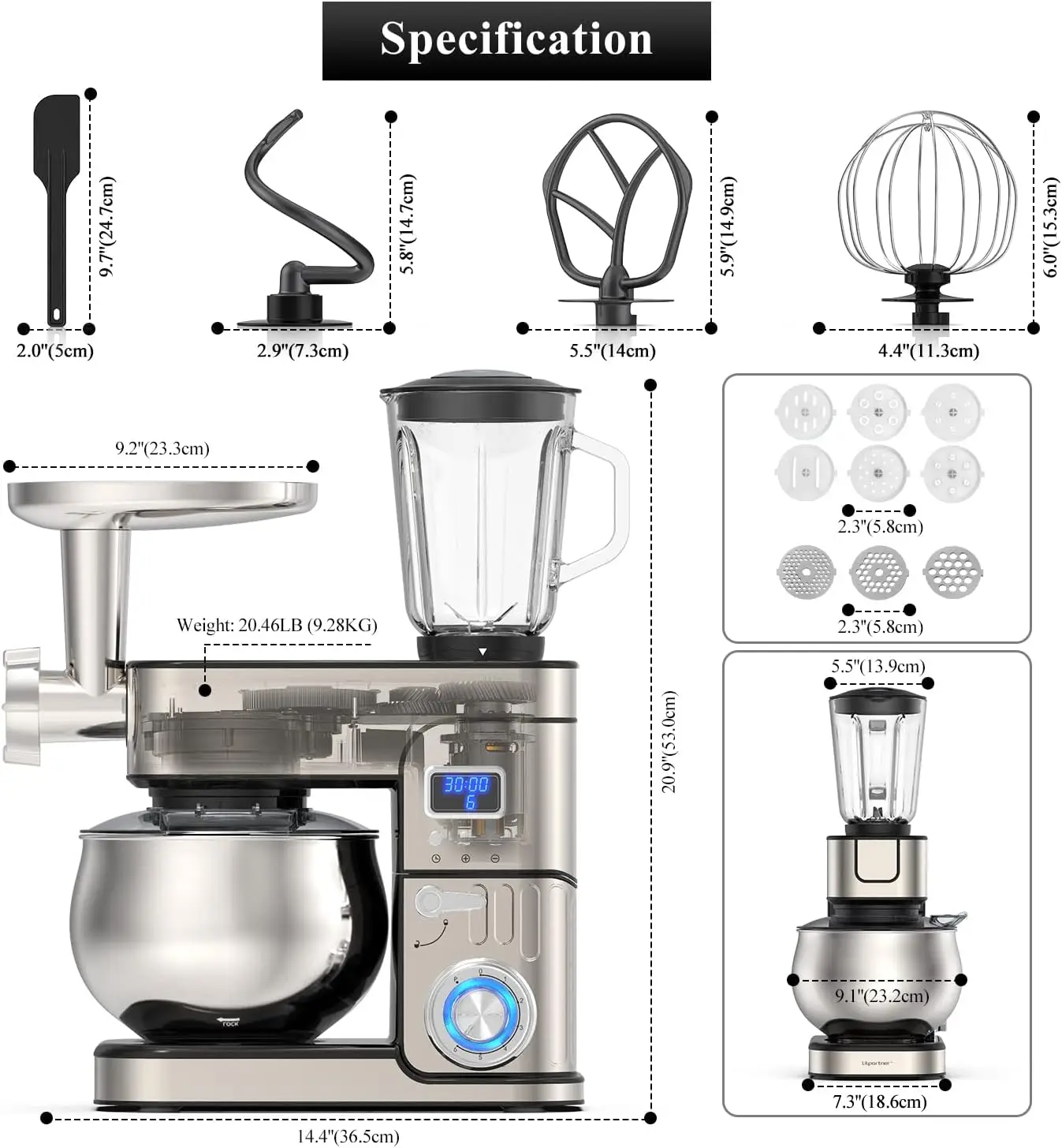 Stand Mixer, LCD Display Kitchen Electric Mixer, 6.5QT Stainless Steel Bowl Multi-Function Kitchen Mixer With Dough Hook,