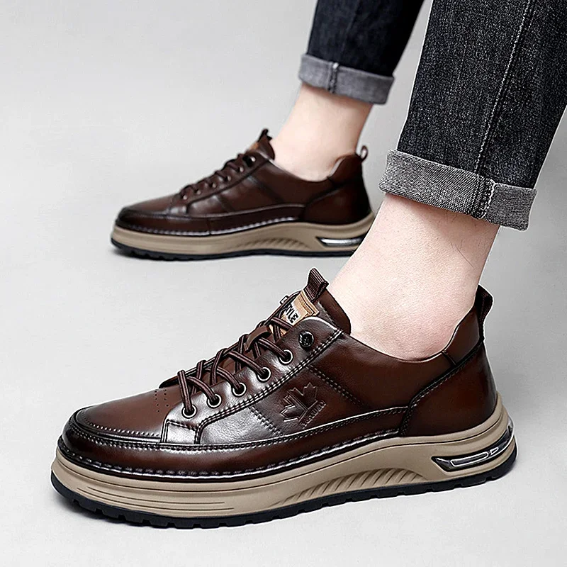 Genuine Leather MEN'S lace up casual sneakers new trendy chunky man vulcanized shoes comfy all-match male skateboard footwear 5