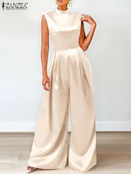 ZANZEA 2023 Summer Sleeveless Party Jumpsuit Elegant Women Satin Wide Leg Pant Overalls Fashion High Collar High Waist Jumpsuits