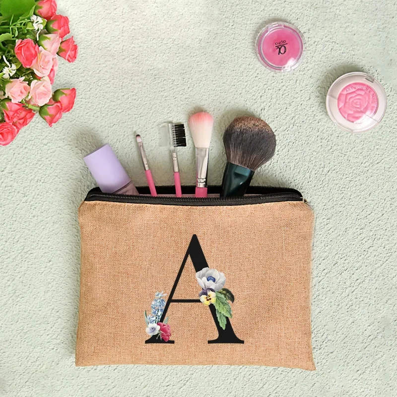 Floral Letter Print Women Linen Zipper Pouch Travel Organizer Case Mujer Bolsas Cosmetic Bag Makeup Bag  Bridesmaid Makeup Bags 5
