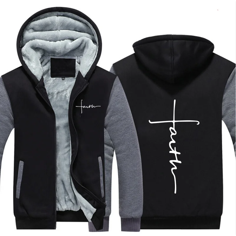 Male Fashion Faith Printed Hooded Hoodies Winter Male Zip Up Sweater