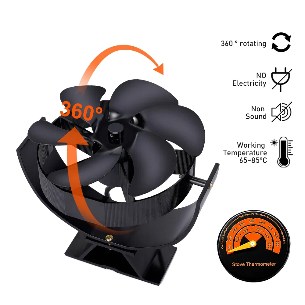 6 Blades Heat Powered Stove Fan 360 Rotating Fireplace Fan Log Wood Burner Eco-fan Quiet Efficient Heat Distribution Stove