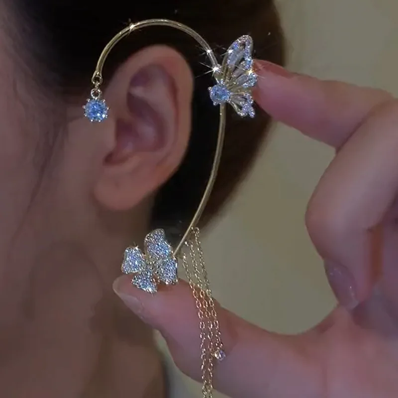 Shiny Zircon Butterfly Ear Cuff Gold Color Tassel Clip On Earrings For Women Korea Style Flower Earring Without Piercing Jewelry