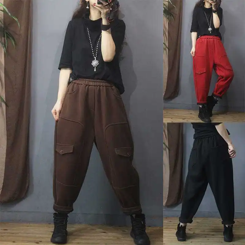 Women's Autumn Winter New High Waist Elastic Sports Pants Commuter Fashion Pocket Button Splicing Fleece Versatile Casual Pants