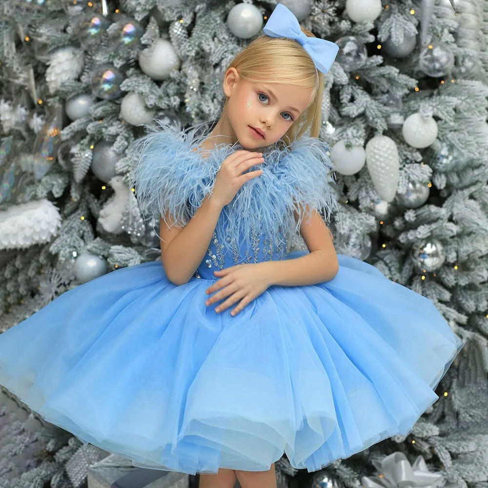 

Charming baby Blue Flowers Girls Dresses for Weddings Ball Gowns 2022 Short Kids Prom Party Dress Pageant Dress First Communion