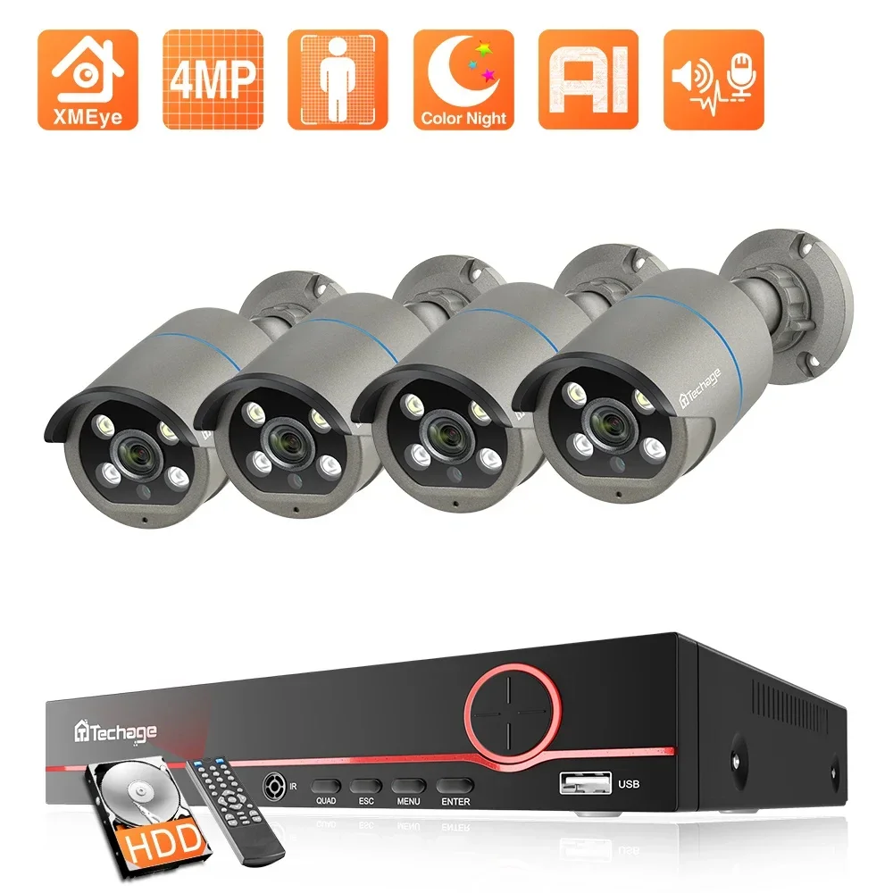 8CH 4MP POE Security Surveillance Camera System Kit AI Face Detection Audio Record IP Camera H.265 CCTV Video NVR Set Techage security camera