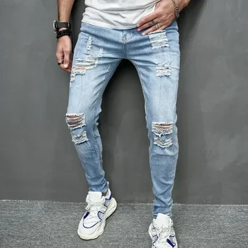 2024 New Style Men's Personalized Ripped Solid Color Skinny Jeans Stretch Little Foot Streetwear Motorcycle Denim Trousers Male 1