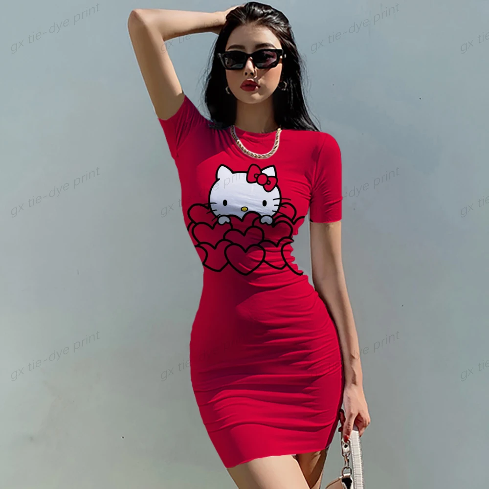 Women Summer Sexy Hello Kitty 3D Print Mini Dress 2023 Femme Round Neck