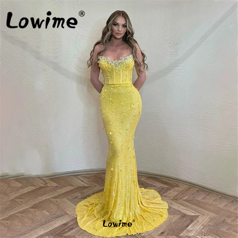 

Арабское длинное желтое платье с блестками, юбка-годе, вечерние платья 2023, платье на день рождения, украшенное бисером, женское платье