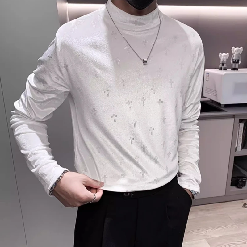 

Luxury Rhinestone Half Turtleneck T-shirt Men Slim Fit Long Sleeve Casual Business T-shirt Men Social Streetwear Bottoming Shirt