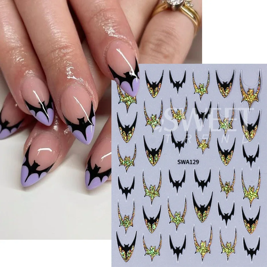 2pcs Halloween Bat Nails Art Stickers Glitter Holographic Gold Silver French Bat Design Adhesive Nail Decals Y2K Manicure Decor