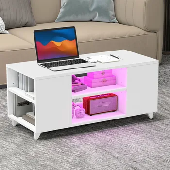 YITAHOME White High Gloss Coffee Table - RGB LED Lights & Adjustable Shelf, 97.5x48x45cm for Living Room/Office