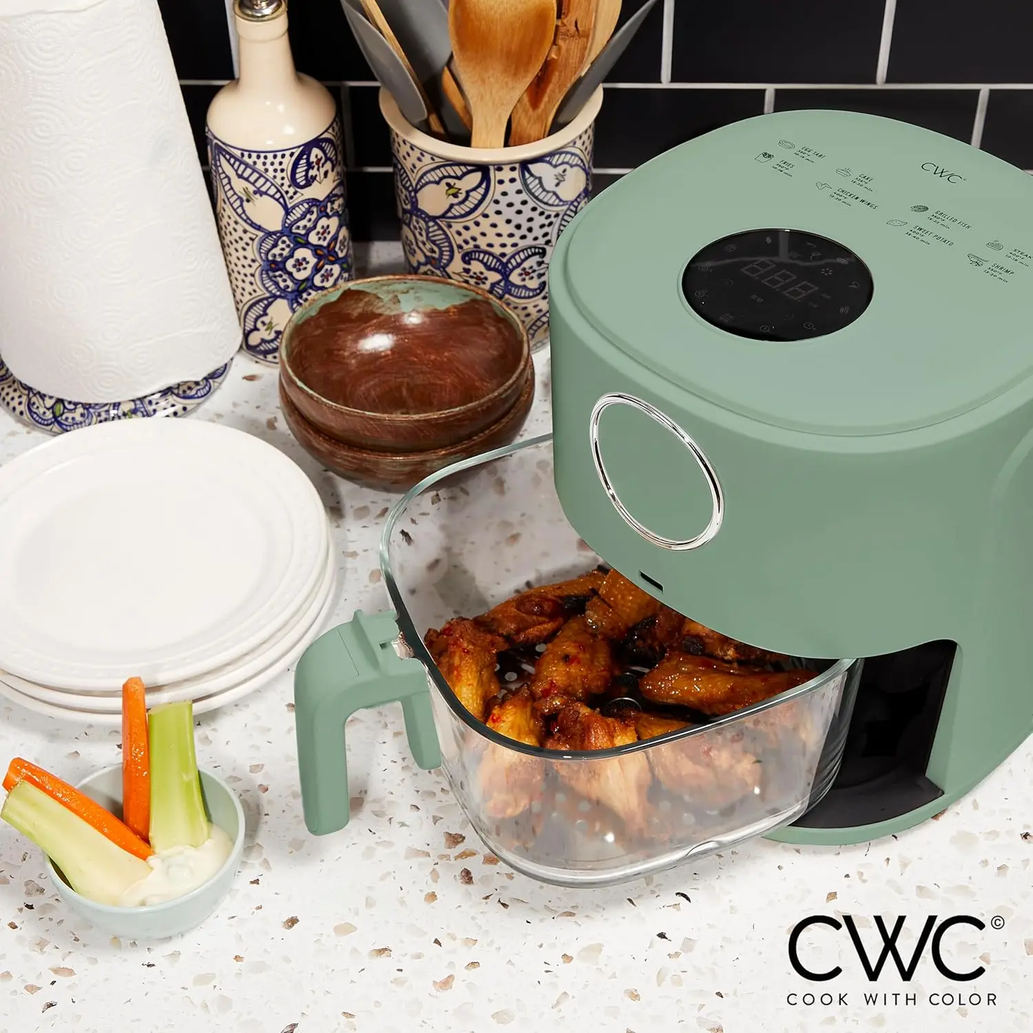 High-Power 1200W Air Fryer Glass Basket Digital Display 6 Presets Stainless Steel Sage 4Qt 175°F-400°F Timer Auto Shut-Off 4