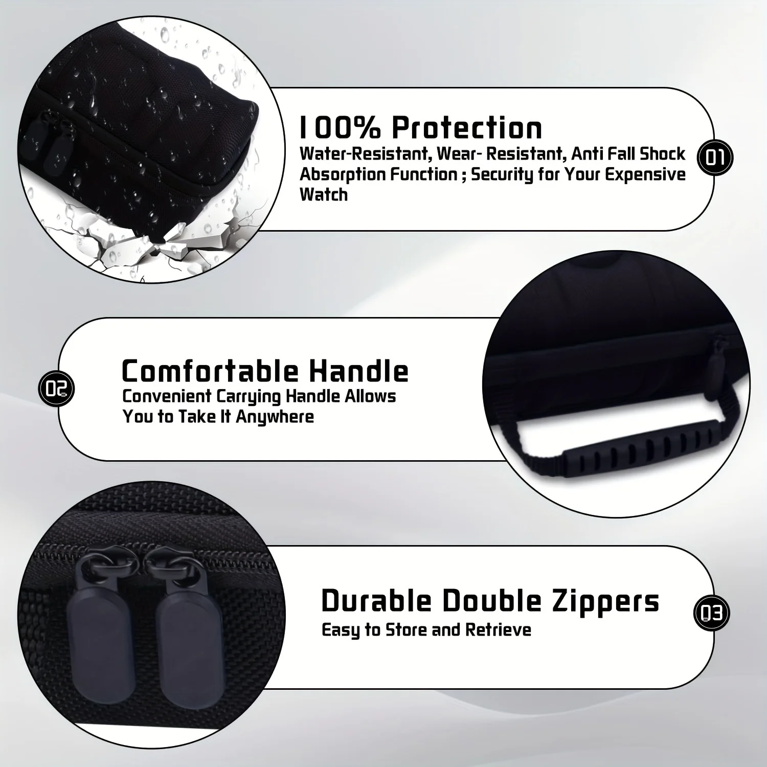 5-Slot Black Nylon Watch Travel Case - Protective Storage Organizer with Watch Pillow, Display Cabinet, and Holder Watch Case