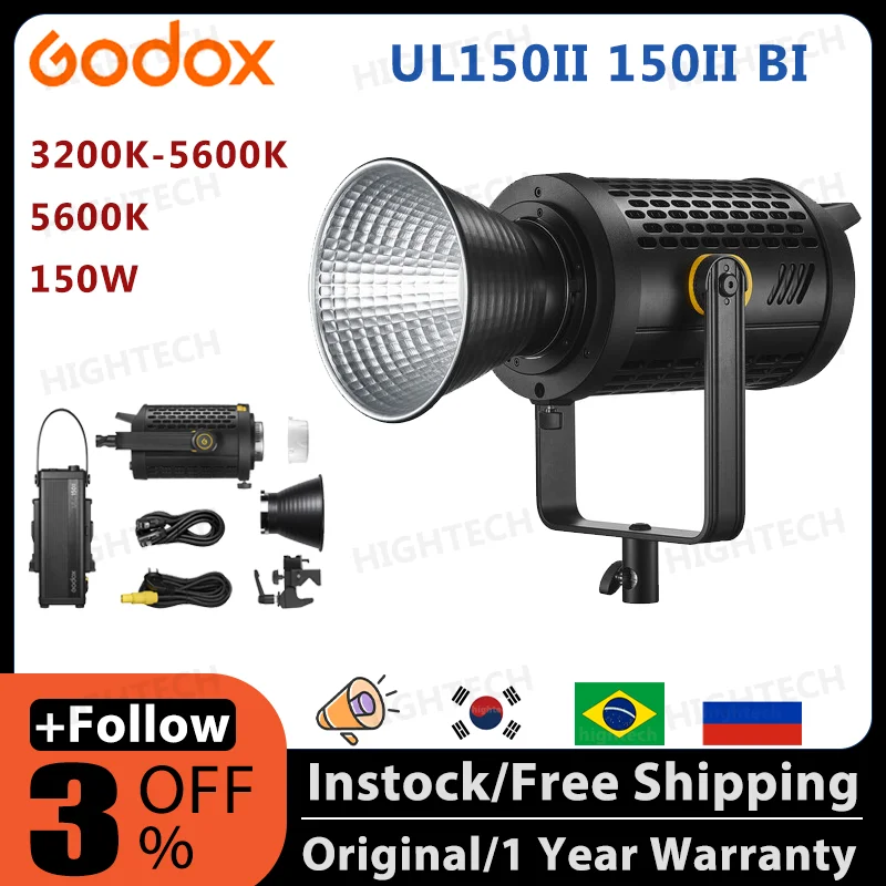 Godox UL-150II BI 무소음 LED 비디오 조명, 150W 5600K 사진 조명, 무소음 보웬스 마운트 앱 리모컨, UL150II 150II