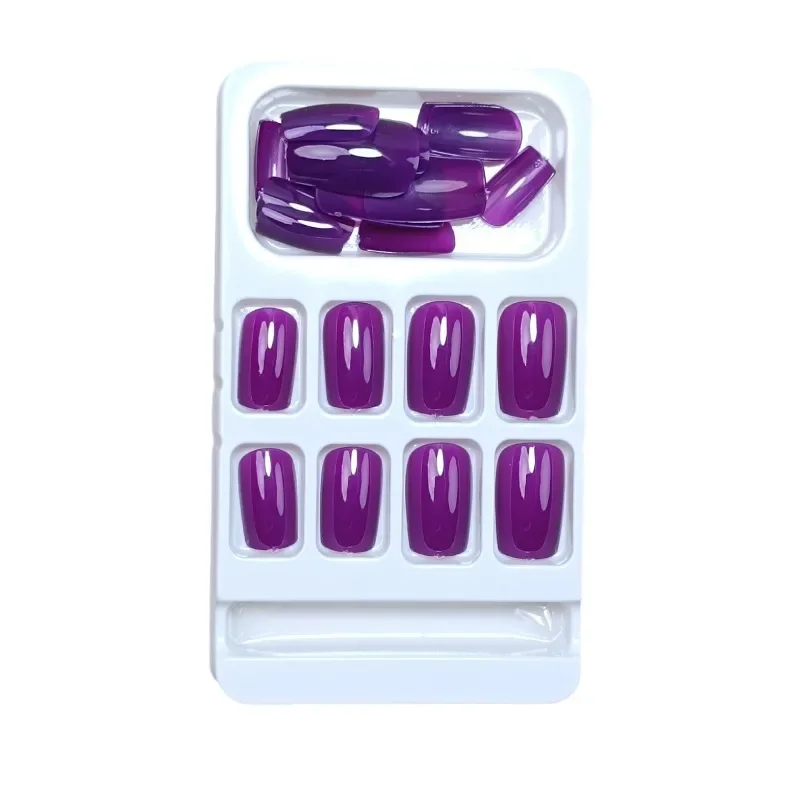24 Pcs 접착제가있는 짧은 자체 접착 거짓 손톱 인공 현실적인 사각형 보라색 솔리드 한국어 가을 프레스 손톱에