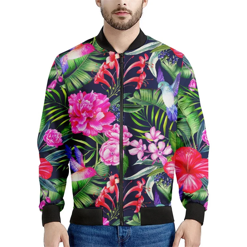 thumbnail image 1 of Nueva chaqueta con cremallera y estampado 3D de flores hawaianas para hombre, sudaderas estilo bombardero con estampado de plantas tropicales, abrigos de manga larga de gran tamaño, 1 of 4