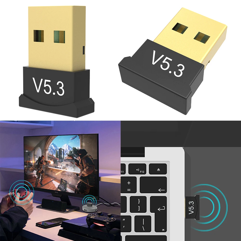 USB 블루투스 호환 5.3 어댑터 BT 오디오 송신기 지원 Windows 11/10/8.1 데스크탑 PC 노트북용 플러그 앤 플레이 미니 송신기