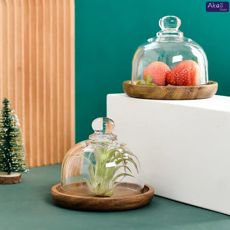 Wooden Dessert Plate Cake Stand Small Cake Tray with Glass Dome Lid Fruit Display Serving Tray Party Supplies 4