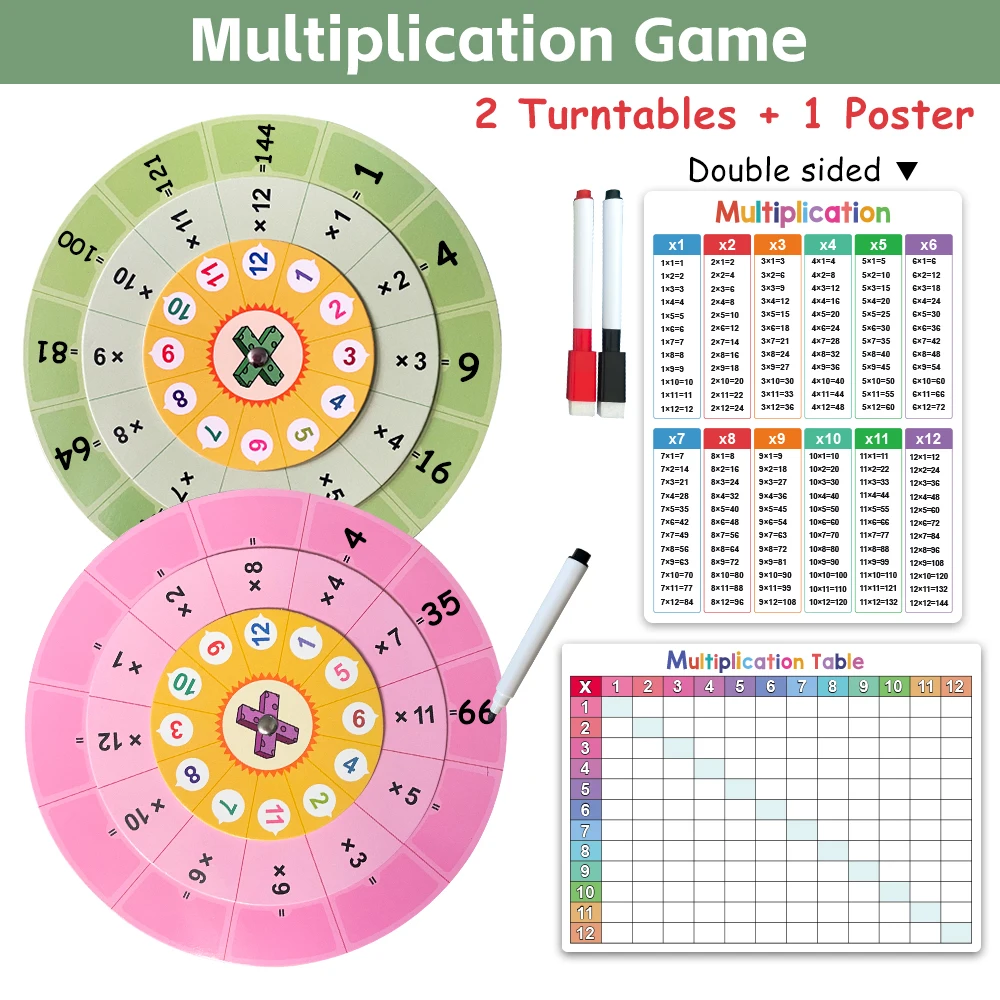 Montessori 1-12 Multiplication Table Cards, Multiplication Turntable Training Game, Self-check Math Facts Learning Aids for Kids 2